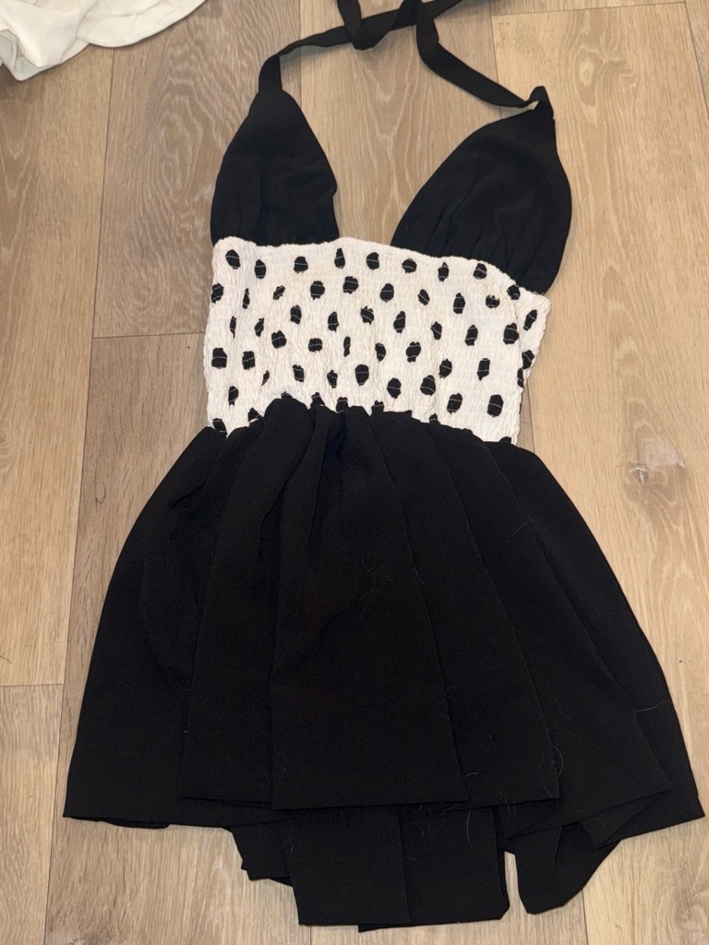 Black Halter Mini Dress with White Smocked Polka Bodice